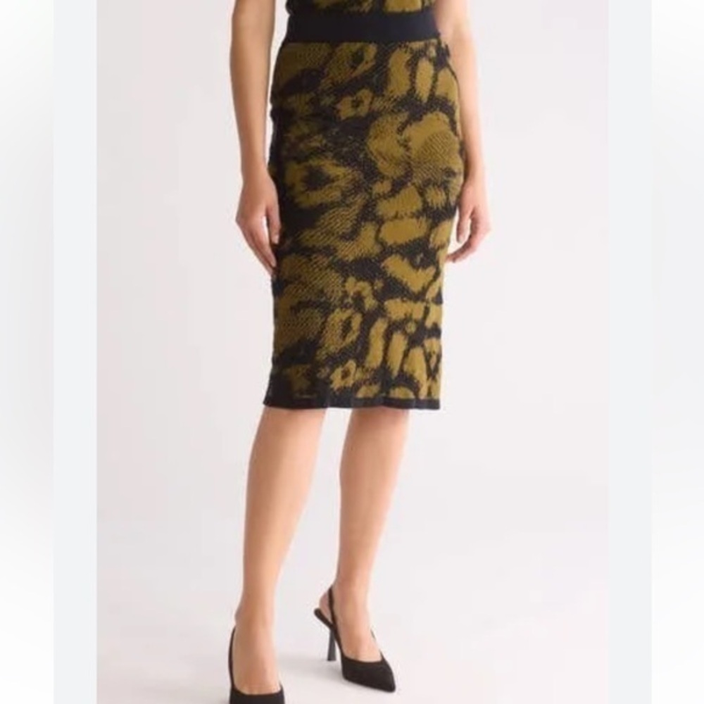 DKNY ‎ Textured Jacquard Midi Pencil Sweater Skirt In Black/dark Olive